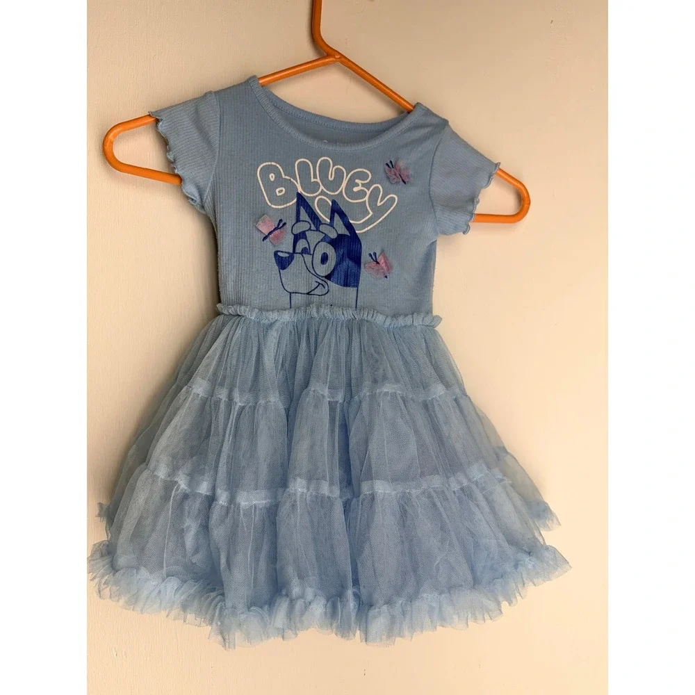 Bluey Toddler Girls Blue Tutu Dress Butterfly Graphic Tulle Skirt Ribbed Top